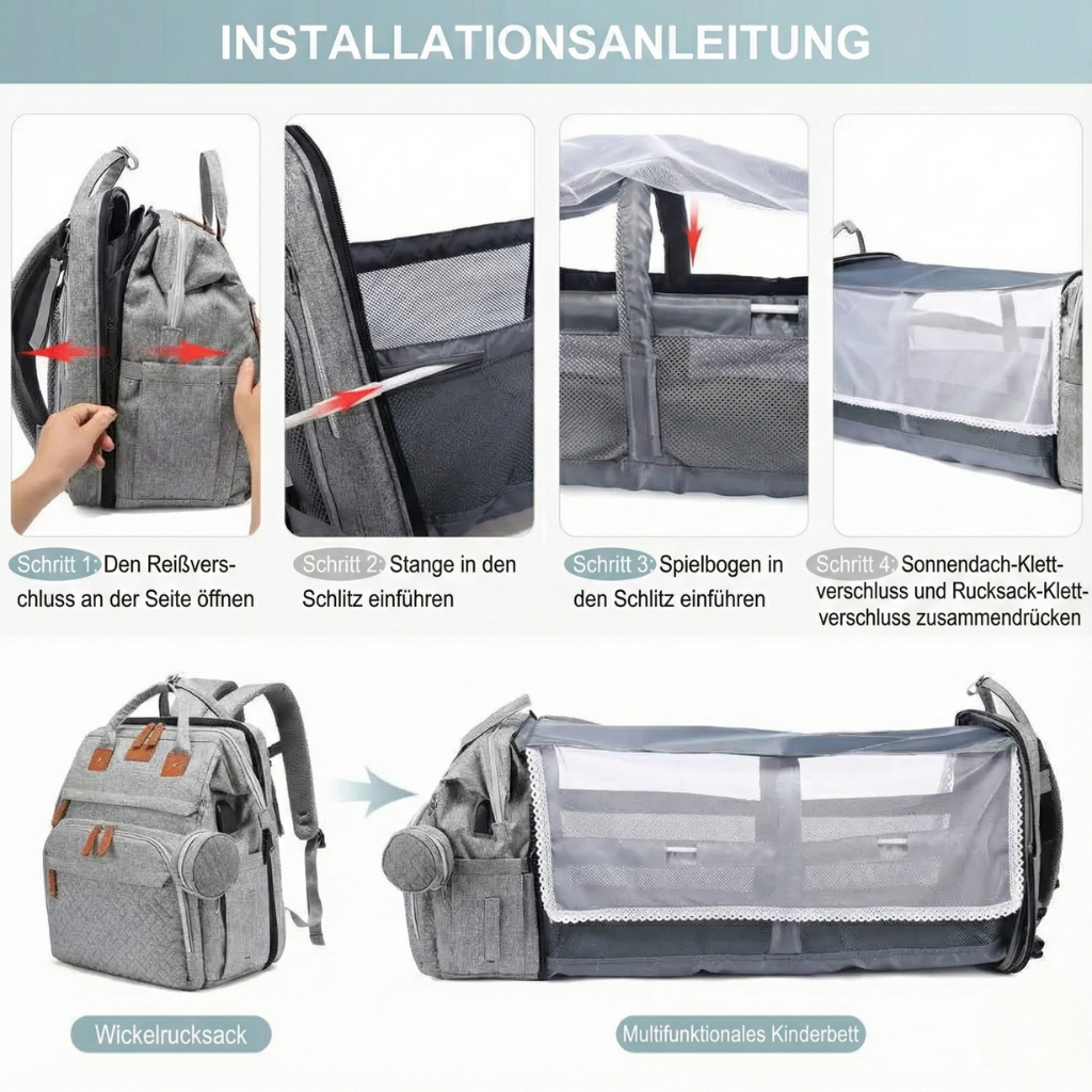 BabyGo Pro – Wickeln, schlafen, losziehen – alles in einem Rucksack.